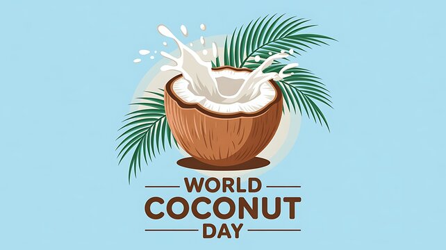 World coconut day celebration with splashing coconut milk and palm leaves