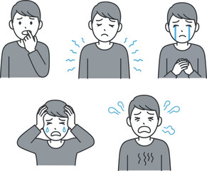 Fototapeta premium A series of illustrations depicting a man experiencing various emotional states, from worry to sadness and crying.