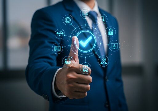 Businessman's Thumbs Up with Digital Icons Representing Success and Global Connectivity - Powered by Adobe