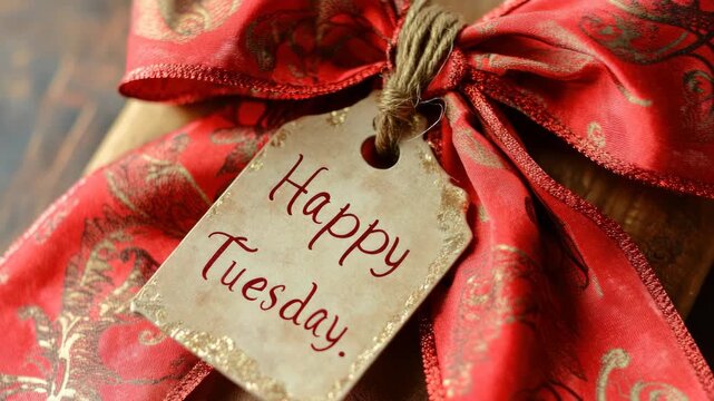 Christmas tag on red velvet ribbon, reading 'Happy Thursday' in elegant handwriting.