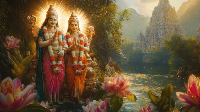 A majestic image of Vishnu and Laxmi with radiant auras in a lush setting during festive season