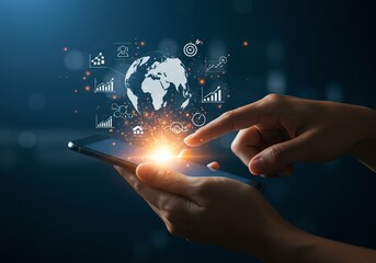 Finger tapping smartphone with global business icons and data analytics on a dark blue background