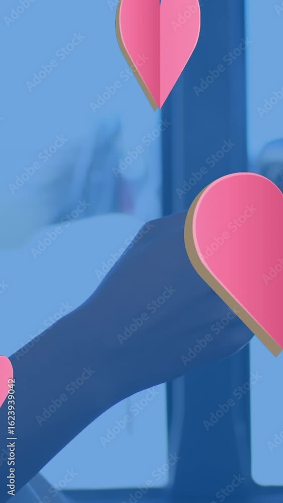 Poster animation of hearts floating over hands of woman using smartphone in bus