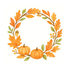 Naklejka premium Autumn Pumpkin and Leaves Wreath – Watercolor Clipart