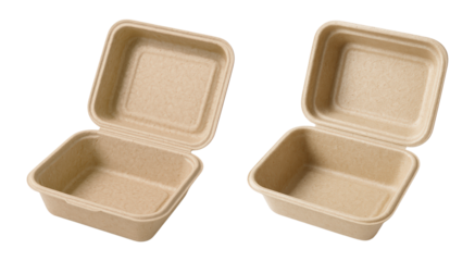 Two empty brown biodegradable clamshell takeout containers for sustainable food packaging, Isolated on Transparent and White Background