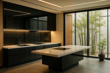 Modern Minimalist Kitchen Design: Sleek Black Cabinets, Light Countertops, Zen Garden View.