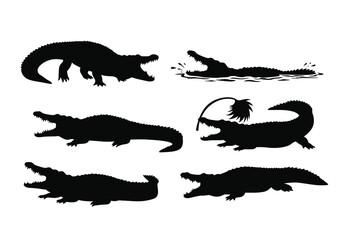 Silhouetted Alligator Illustrations in Various Poses Showing Open Jaws and Tails.