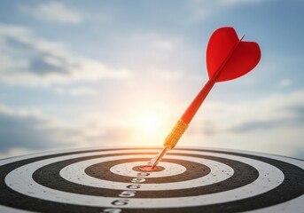 Red Dart Hits Bullseye on Target Board Against Bright Sky, Achieving Goal