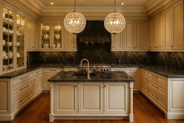 Elegant Cream Kitchen Island with Dark Marble Countertops and Crystal Chandeliers.