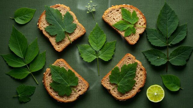 Nature's Culinary Fusion: An artistic composition of bread slices adorned with fresh green leaves, embodying a unique culinary experience.