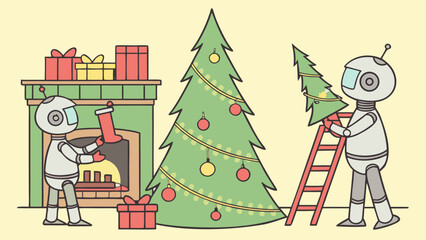 Two robots preparing for christmas with a tree gifts and a fireplace with a stocking hung up