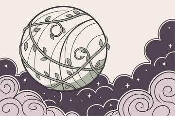 Illustration of a sphere wrapped with vines against a night sky with clouds and stars art