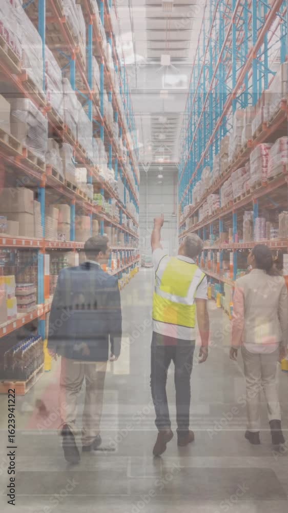Poster animation of data processing over people working in warehouse