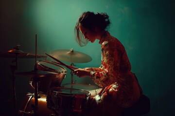 A woman playing drums