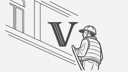 Illustration of a worker with a ladder near a building with a large letter v on the side of the building