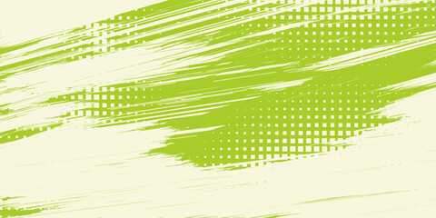 Abstract green halftone brush stroke background with dynamic diagonal lines and pixel-style dot pattern. 