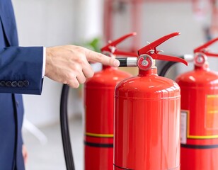 Naklejka premium Businessman near fire extinguishers