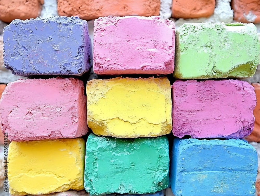 Poster vibrant colored bricks stacked neatly on a brick wall creating a colorful abstract pattern