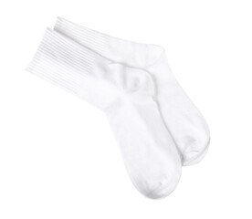 Pair of comfortable socks isolated on white, top view