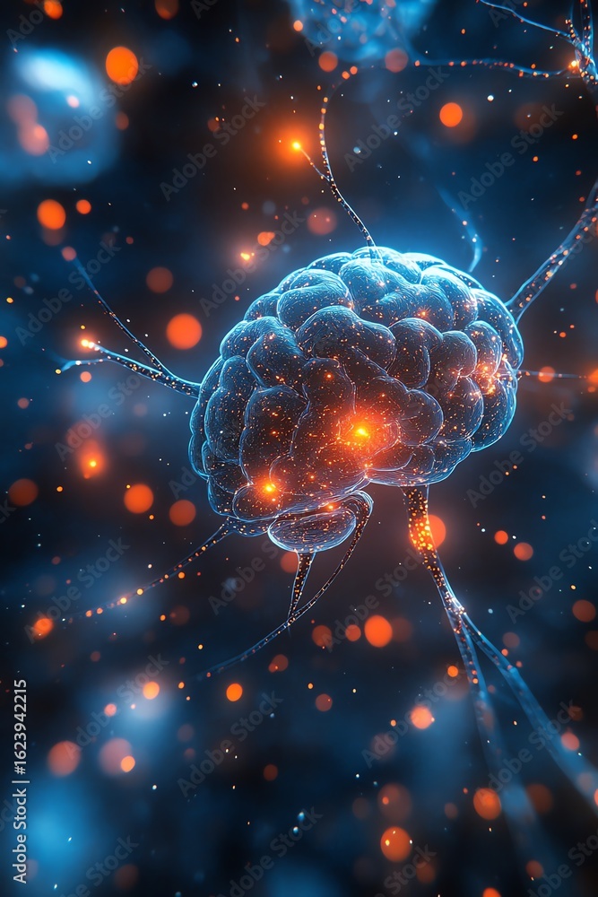 Poster a glowing brain connected by intricate neurons, symbolizing the neural networks that drive cognitive