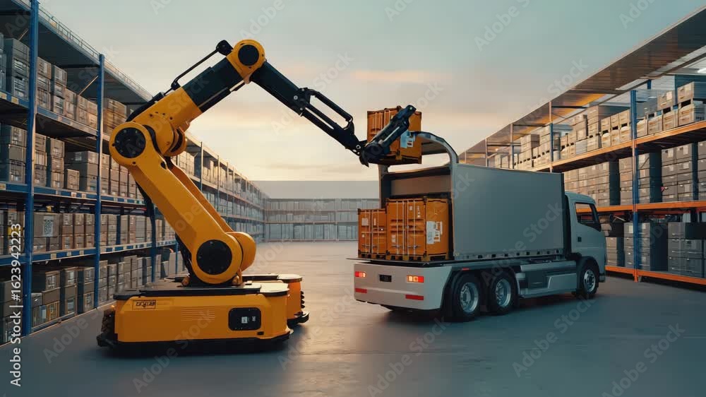 Poster advanced warehouse automation with robotic arm loading delivery truck efficiently, showcasing