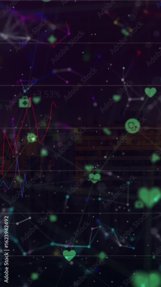 Aufkleber animation of network of connections with icons on black background