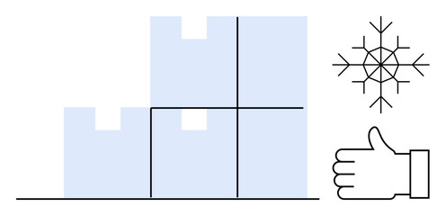 Fototapeta premium Stacked storage boxes beside snowflake highlighting cold storage and freezing needs. Thumb gesture represents approval. Ideal for logistics, frozen goods, storage solutions, temperature control