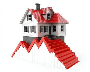 Red house design on a soaring red line graph, representing increasing property values, abstract white background, sleek 3D visualization