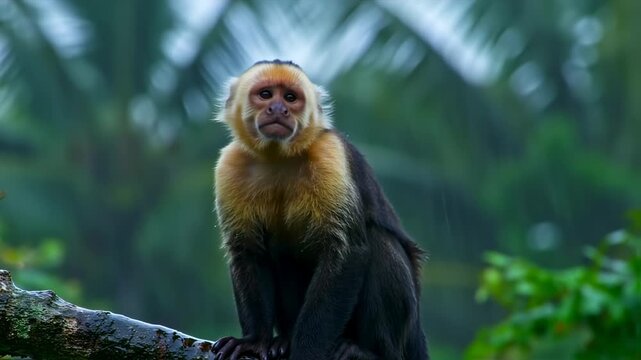 Close-up of a white-faced capuchin monkey perched on a branch in a lush, blurred green forest