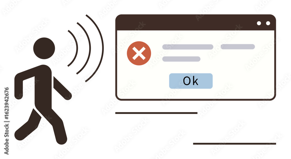 Poster stick figure walking away, sound waves emitted. error message with red x, ok button. ideal for techn
