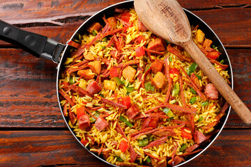 Arroz de Carreteiro, Carter's Rice, in the pan, a typical dish of Southern Brazilian cuisine with rice and dried meat