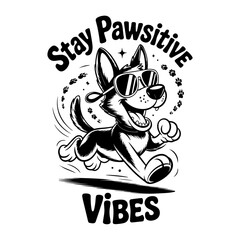 A cheerful cartoon dog, wearing sunglasses, runs joyfully, radiating positive vibes; the text 
