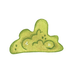 Small green bush, hummock. Watercolor illustration hand drawn, cartoon. Drawing for decoration, stickers, scrapbooking, postcard. Plant, bush, green, summer, foliage, crown