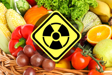Fresh vegetables, fruits and radioactive sign. Environmental contamination, polluted food