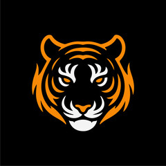 A stylized graphic illustration of a tiger's head, featuring orange stripes and white details on a black background.