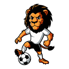 Cartoon lion character in sports uniform dribbling a soccer ball, isolated on white.
