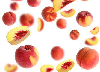 Fresh peaches whirling in air against white background