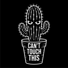 An angry cartoon cactus with spiky details, in a pot that says 