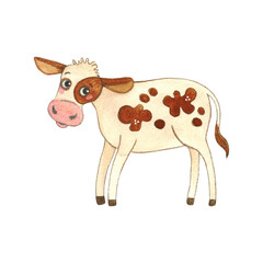 White calf with red spots. Watercolor illustration hand drawn, cartoon. Drawing for stickers, print, postcards, children's book. cow, calf, character, spots, red, children