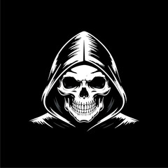 Monochrome depiction of a skull wearing a hooded cloak against a dark background.