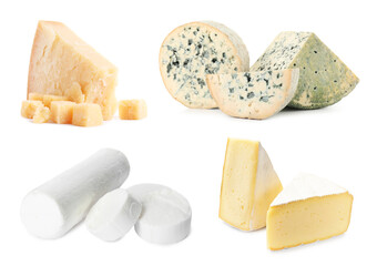 Different kinds of cheese isolated on white, set