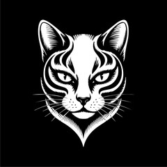 Striking monochrome illustration of a cat's head, featuring detailed linework and a symmetrical design against a black background.