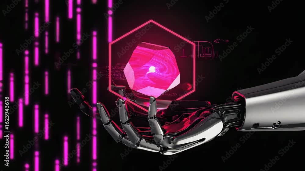Poster futuristic robot hand holding a glowing hexagonal gem with neon technology elements