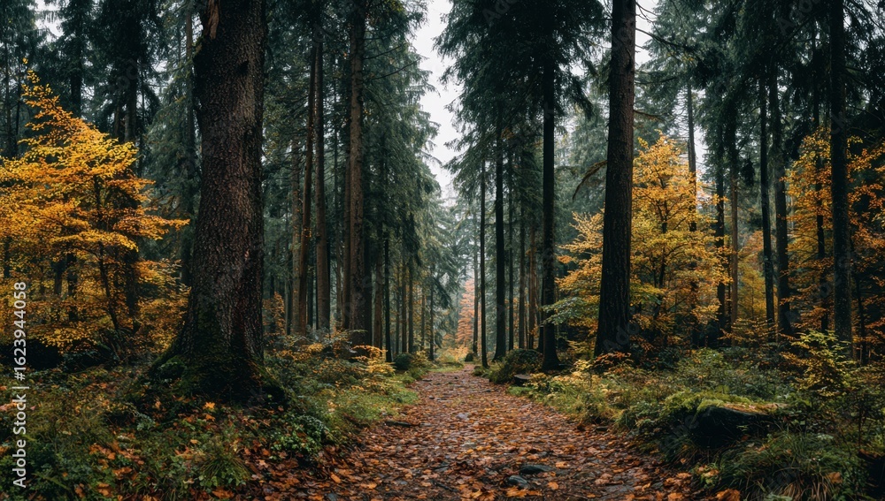 Poster a serene forest path lined with tall trees and golden autumn foliage creates a tranquil and inviting