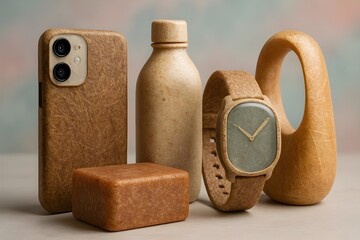 Abstract close-up of biodegradable materials forming futuristic product shapes on pastel backgrounds.