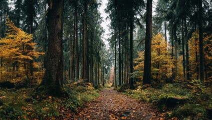 Obraz premium A serene forest path lined with tall trees and golden autumn foliage creates a tranquil and inviting woodland scene.