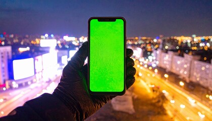 Hand Holding Smartphone with Green Screen in Urban Nightscape