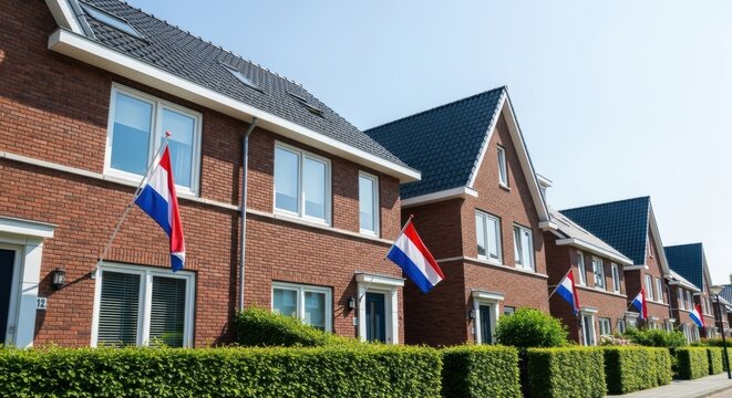 Dutch Pride: Row of Brick Houses Adorned with Netherlands Flags Under Clear Blue Sky - Powered by Adobe