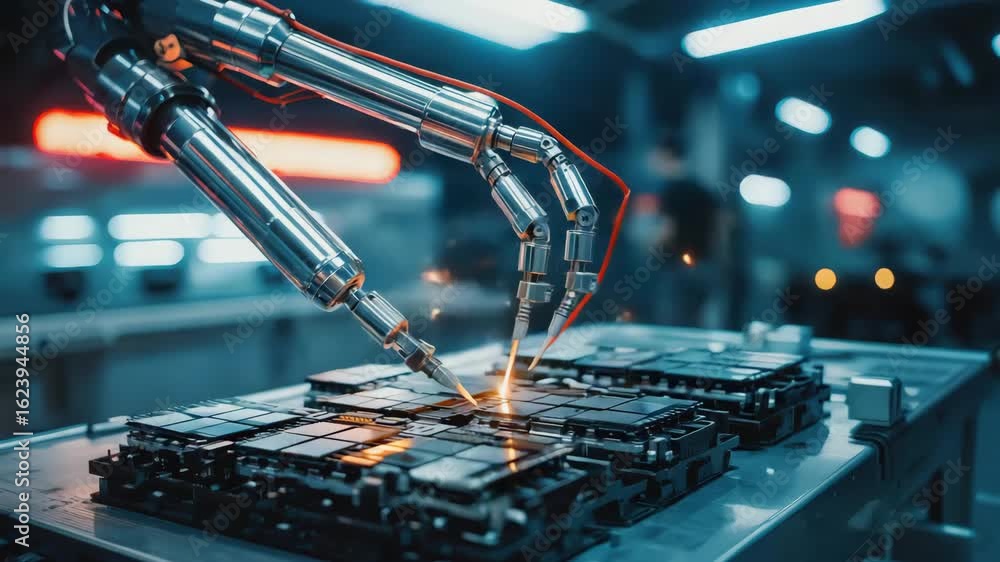 Poster futuristic robot welding electronic components on a modern circuit board assembly line with