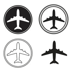 Fototapeta premium Art of collection of four airplane icons, showcasing different styles and representations of air travel, including silhouette and outline designs within circular frames